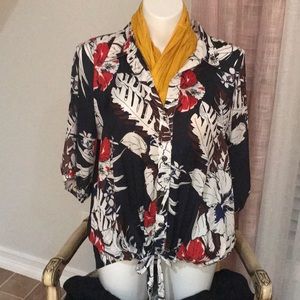 Navy blue, red, white button up shirt.